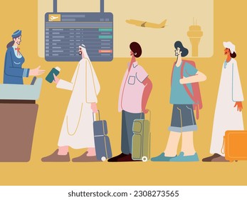 a group of diverse travelers gathers at an airport, patiently awaiting their turn to board the aircraft.