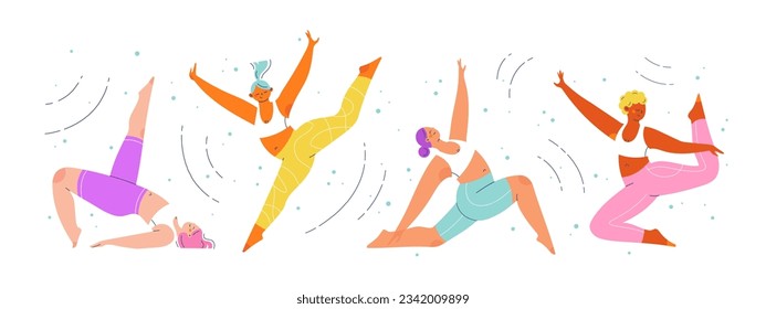 Group of diverse women characters in various dynamic dancing poses. Flat colorful people vector illustration. 