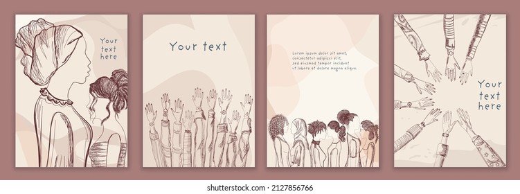 Group diverse women and girls. Sketch of multicultural women. Female social network community. Racial equality. Allyship. Empowerment. Head and hands. Brochure - poster -editable template