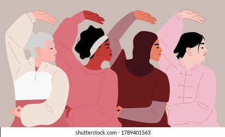 Group of diverse women in sports wear practice tai chi, qigong. Different ethnicity women: African, Chinese, European, Arab. World community. Healthy lifestyle. Cartoon flat vector illustration