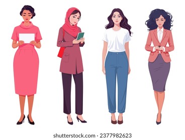 Group of diverse women standing in business casual and formal attire isolated white background