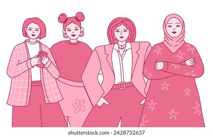 Group of diverse women standing together. Activism concept feminism and strong modern people. Pink 8 march vector illustration