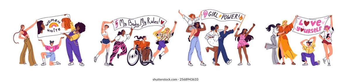 Group of diverse women together set. Happy girls with flags are on equality support parade. Sisterhood, female solidarity, feminism movement. Flat isolated vector illustrations on white background