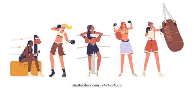 Group Of Diverse Women Training Boxing Techniques In A Gym. Female Characters Engaging In Fitness, Self-defense