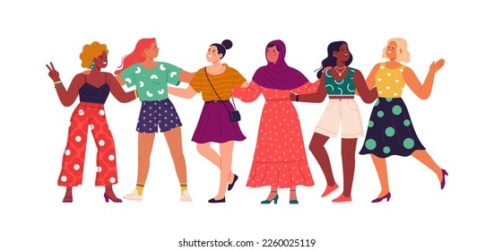 A group of diverse women. Vector cartoon illustration in a flat style of young happy women of different ethnicities and nationalities standing in one line and hugging each other. Isolated on white