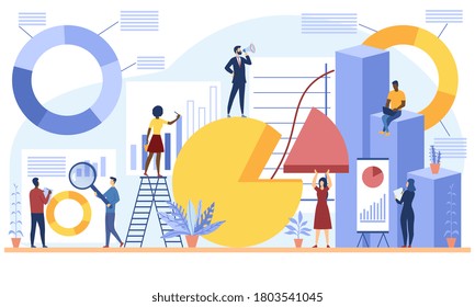 Gruppe verschiedener Arbeiter, die eine Vielzahl verschiedener Infografiken und statistischer Diagramme und Grafiken analysieren, farbige Vektorgrafik