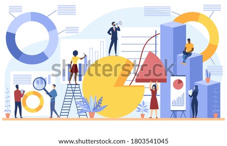 Group of diverse workers analysing a variety of different infographics and statistical charts and graphs, colored vector illustration