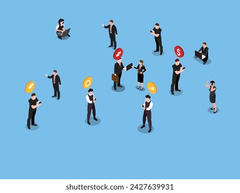 Group of diverse working business people using gadgets isometric 3d vector illustration