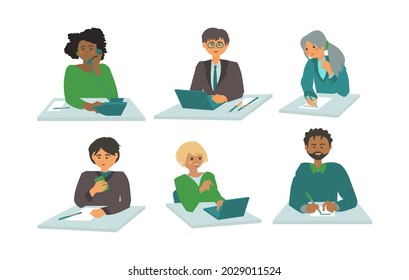 Group of diverse working people on white background. Businessman and businesswoman using laptop, tablet and smartphone in flat design people characters.