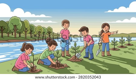 Group of diverse young children working together to plant small saplings along a river bank on a sunny day in the countryside.