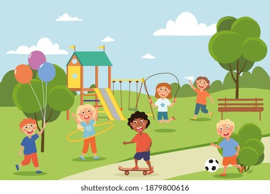 Group of diverse young friends or children playing in a park skateboarding, kicking a ball, skipping, with balloons, doing yoga, cartoon colored vector illustration