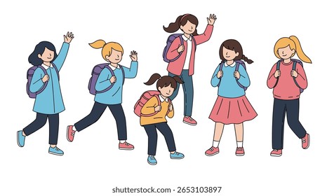 Group of Diverse Young Girls Happily Walking to School Together with Backpacks on a Sunny Day