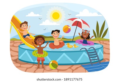 Grupo de jóvenes diversos jugando juntos en una piscina en un caluroso día de verano con bola, paraguas y tobogán, ilustración vectorial de color