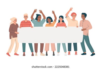 Group of diverse young men and women, business team, holding a blank banner. Welcome concept. People at demonstration, parade or rally. Activists men and women at the protest. Flat vector illustration