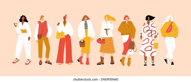 Group of diverse young modern women wearing trendy clothes. Casual stylish city street style fashion outfits. Woman power concept banner. Hand drawn characters colorful vector illustration.