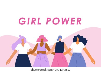 Group of diverse young modern women standing together. Girl power concept banner with slogan. Hand drawn colorful vector illustration.