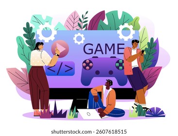 Group of diverse young people creating video game with coding symbols and game controller on screen, flat cartoon style, on a white background. Concept of teamwork and innovation. Vector illustration