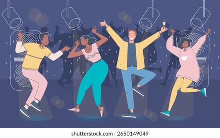 Group of diverse young people dancing joyfully under spotlights in a nightclub setting, colorful confetti, energetic vibe, nightlife celebration. Vector illustration