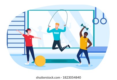 A group of diverse young people training in the gym. A girl stretching, one guy jumping on a rope, and the other lifting dumbbells. Flat cartoon colored vector illustration