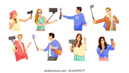 Group of diverse young people using smartphones, selfie sticks, and vlogging cameras, cartoon style on white background. Concept of influencers. Vector illustration