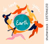 Group of diverse young women and man  is dancing around the  Earth globe. They are celebrating Happy Earth Day, holding hands. Eco and environment friendly ecological concept. Flat vector illustration