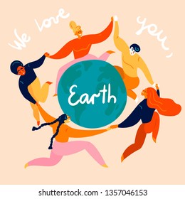 Group of diverse young women and man  is dancing around the  Earth globe. They are celebrating Happy Earth Day, holding hands. Eco and environment friendly ecological concept. Flat vector illustration