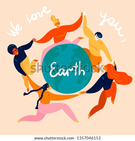 Group of diverse young women and man  is dancing around the  Earth globe. They are celebrating Happy Earth Day, holding hands. Eco and environment friendly ecological concept. Flat vector illustration