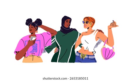 Group of diverse young women walks together. Happy friends smile, hug, support each other. Joyful girls cuddle, talk. International friendship. Flat isolated vector illustration on white background