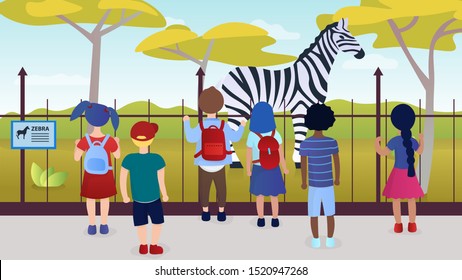 Group of diversey kids at a zoo excursion School children or kindergarten. Kids look at the zebra. Zoology for little ones Children's education Аcquaintance with fauna Flat Cartoon Vecotr Illustration