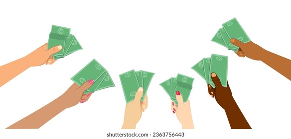 Group of Diversity Business Hands Holding Money. Vector illustration of bidding auction concept