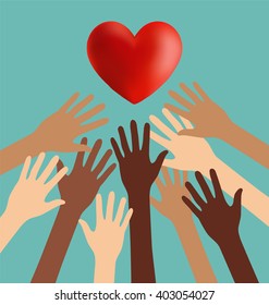 Group of Diversity Hand Reaching For The Red Heart