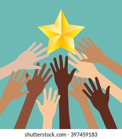 Group of Diversity Hand Reaching For The Stars, Success Metaphor