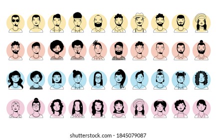 group of diversity people characters vector line style design