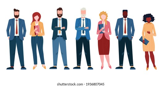 Group Of Diversity People In Office. Afro American Businessman In Suit And Woman In Dress. Multicultural Teamwork Is Standing. Aged Caucasian Boss.  Community Of Different Employee. Business Team.