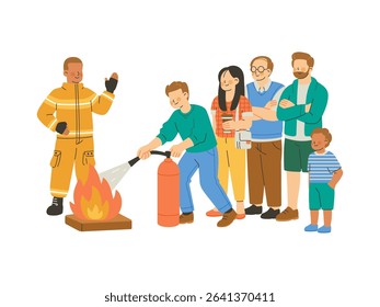 A group of diversity people are participating in a fire disaster preparedness drill with firefighters. Residents practicing how to extinguish fires using fire extinguishers. Flat vector illustration