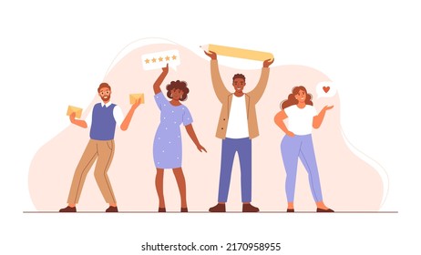 Group of diversity people rating customer experience, writing review, putting likes, leaving feedback. Happy clients giving positive feedback to product and service quality. Flat vector illustration.