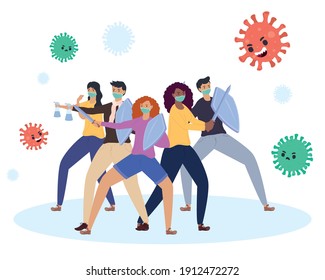 group of diversity persons fighting vs covid19 particles characters vector illustration design