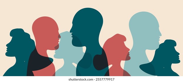 Group diversity silhouette multi ethnic people from the side. Community of colleagues or collaborators.  People Diversity. Anti-racism Concept for Racial Equality. Social Inclusion. 