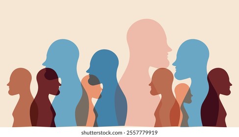 Group diversity silhouette multi ethnic people from the side. Community of colleagues or collaborators.  People Diversity. Anti-racism Concept for Racial Equality. Social Inclusion. 