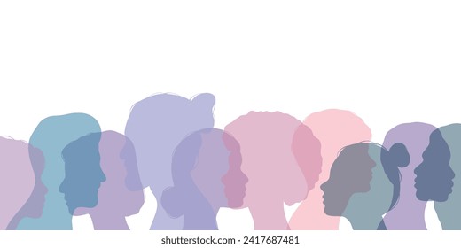 Silueta de diversidad de grupo multiétnica de lado, ilustración vectorial de los humanos, banner de temas sociales