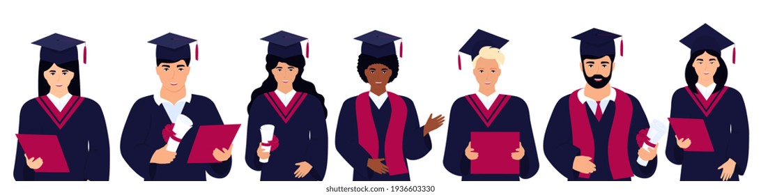 A group of diversity students in graduation gowns and mortarboards. Class of 2021