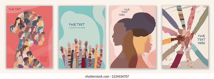 Group of diversity women and girls. Silhouette profile of multicultural women.Female social network community. Racial equality. Allyship. Empowerment. Brochure - poster -editable template