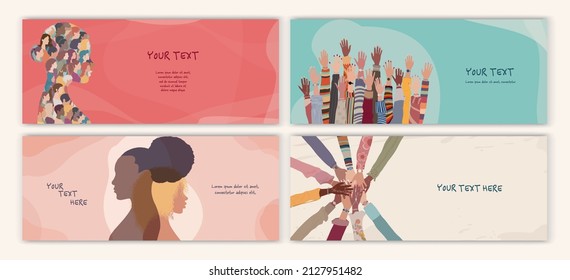 Group of diversity women and girls. Silhouette profile of multicultural women.Female social network community. Racial equality. Allyship. Empowerment. Banner - poster -editable template