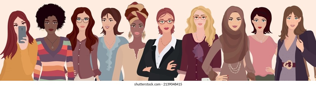 Group diversity women and girls.Portrait of multicultural and multiethnic women.Female social network community.Racial equality. Allyship. Empowerment.Colleagues or co-workers.Teamwork