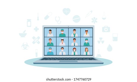 Group of doctor and nurse medical staff video calling by laptop working at hospital during corona virus pandemic quarantine in flat icon design