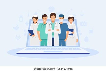 Group of doctor and nurse standing on laptop in wireless technology healthcare services concept