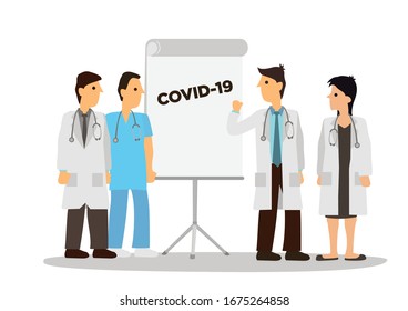 Group of doctor planning for an outbreak of covid-19. Concept of Coronavirus outbreak or pandemic. Vector illustration.
