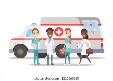 Group of doctor standing in front of ambulance car. Emergency vehicle and medical professional with first aid kit. Vector flat illustration