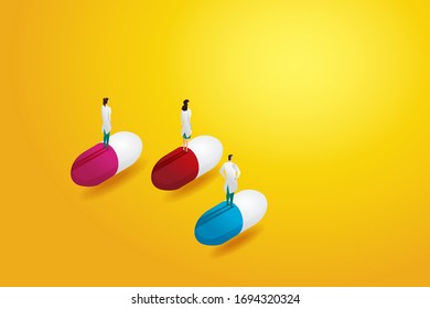 Group doctor team professional, standing on pill. concept of medical treatment for human. Vector illustration