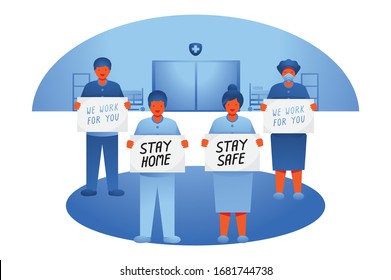group doctor tell people stay home from hospital vector illustration